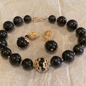 Large Black Beads with Gold Centerpiece Beaded Necklace and Earrings